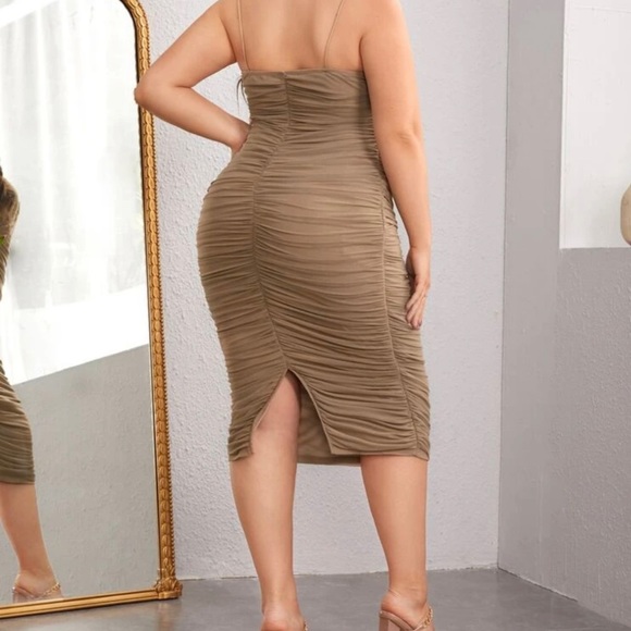 Ruched Split Back Mesh Cami Bodycon Dress - Picture 3 of 5